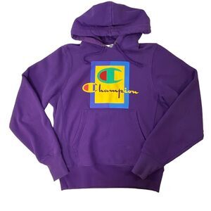Champion Hoodie Sweatshirt Size Small Reverse Weave Purple Colorful Graphic Logo